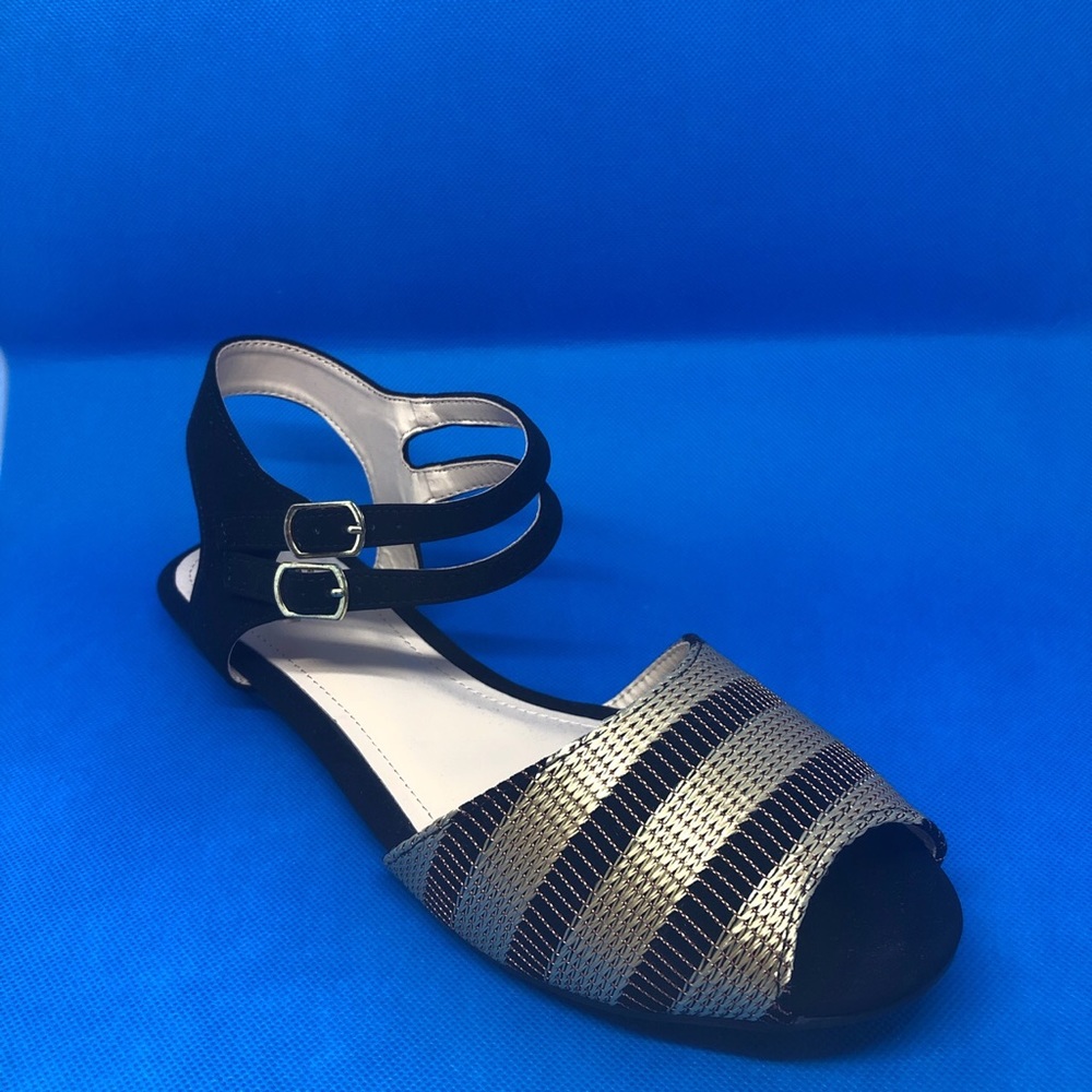 Bamboo Black and Gold Double Strap Sandals